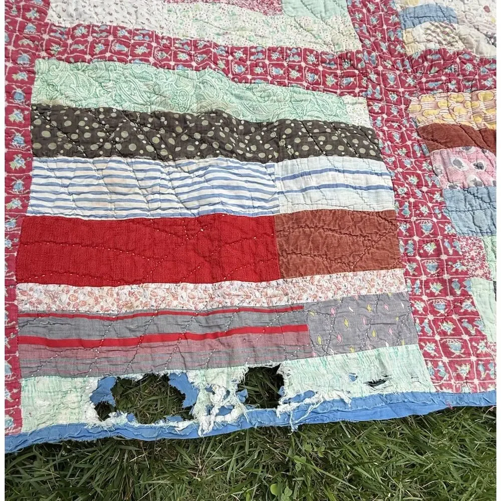 Antique Vtg 1920’s CRAZY QUILT Multi-Color Feed Sack Cowboys 78” **Needs Repair